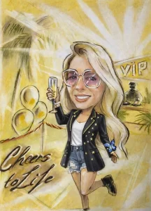 caricatură personalizată femeie stil party cu șampanie desenată manual
