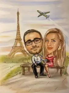 Cât costă o caricatură personalizată după poză? Ghid complet de prețuri 3 caricatură personalizată cuplu la Paris cu Turnul Eiffel desenată manual