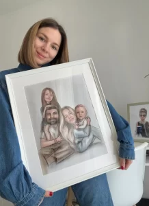 caricatură personalizată după poză cu familie desenată manual înrămată